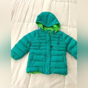 Rei down puffer girls coat jacket zippered ruffle teal aqua green snaps hooded